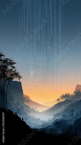 A stunning twilight scene with mountains and a starry sky reflecting tranquility.