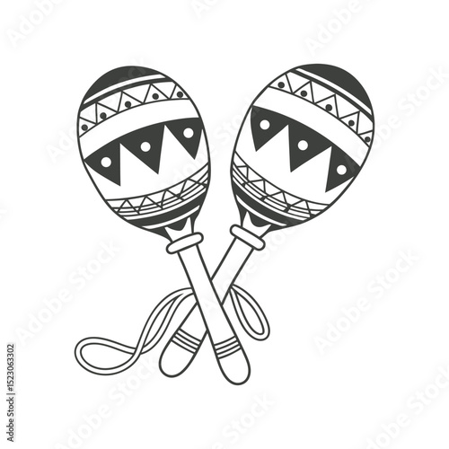 A pair of detailed hand-drawn monochrome maracas with ethnic patterns. National symbol of Mexico. Black and white illustration.