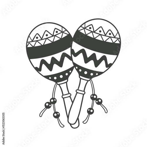 A pair of detailed hand-drawn monochrome maracas with ethnic patterns. National symbol of Mexico. Black and white illustration.