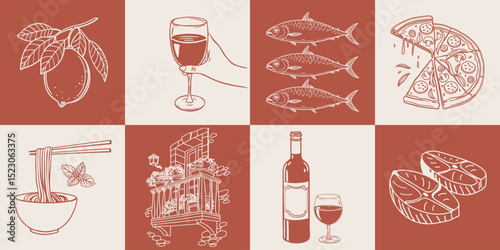 Collection of hand drawn posters with Italian food and summer elements. Pasta, seafood, pizza, lemons and wine. Mediterranean set. Sketch illustration.