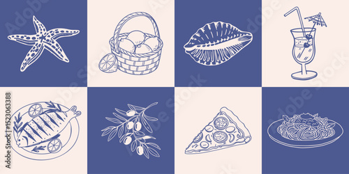 Collection of hand drawn posters with Italian food and summer elements. Seafood, pizza, lemons, olive, lobster. Mediterranean set. Line art style illustration.