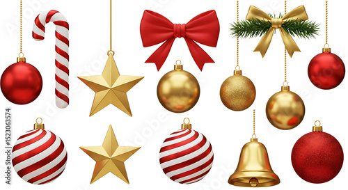 Festive christmas ornaments isolated on white background, featuring red and gold baubles, stars, a candy cane, a bell, and bows
