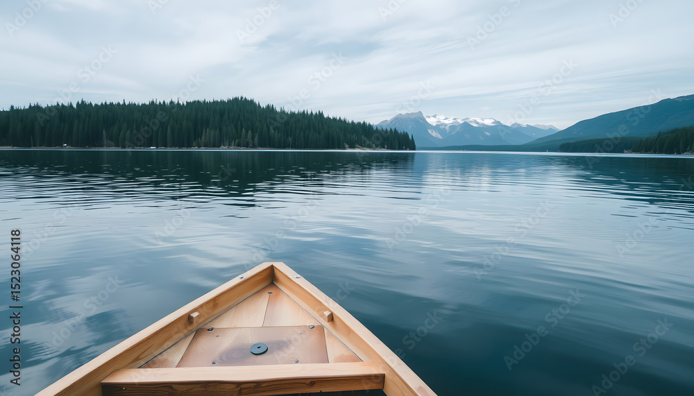 Obraz premium A serene wooden boat drifting on the shimmering lake, angled photoshot. White tone
