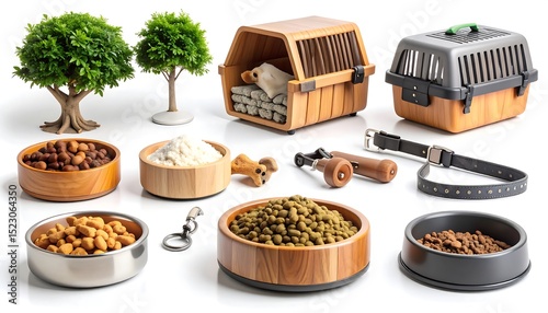 Pet supplies arranged on white background