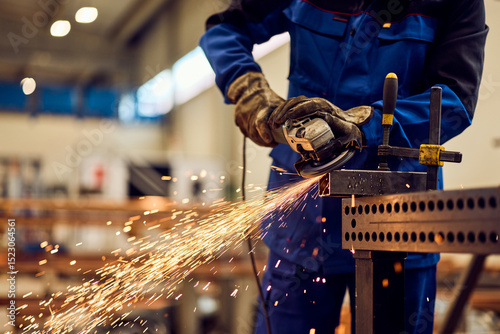 Fotografie Worker using Power Grinder on Metal with Sparks in Industrial Workshop