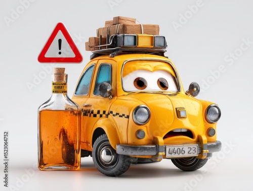 Vintage taxi car with caution sign and bottle of liquor on table