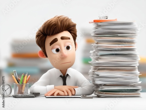 Overwhelmed Office Worker Surrounded by Stack of Paperwork and Stress