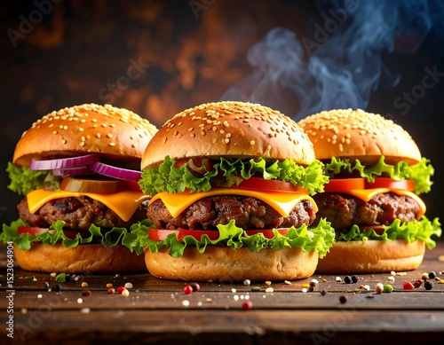 Three juicy burgers on a rustic wooden table