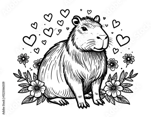 Capybara surrounded by hearts and flowers