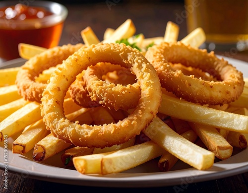 Crispy fried onion rings and fries