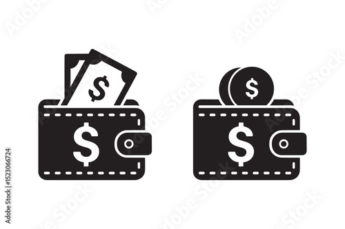 Money Wallet Icon with Dollar and Coin Vector 