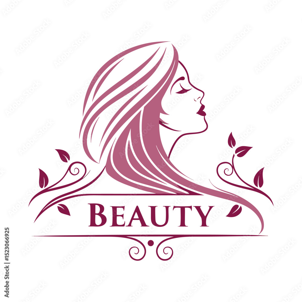 Elegant Beauty Salon Logo with Feminine Face Silhouette and Flowing Hair in Floral Style . Elegant Beauty Salon Logo with Feminine Face Silhouette and Flowing Hair in Floral Style .