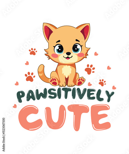 Cute Cartoon Cat Illustration with Pawsitively Cute Phrase, Adorable Animal Surrounded by Hearts and Paws, Perfect for Kids, Pet Lovers, Nursery and Playful Designs