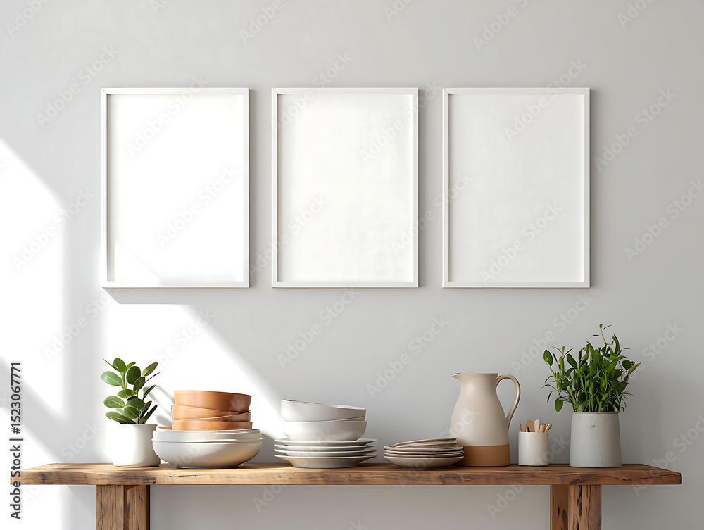 Fototapeta premium White cup on a wooden table in an empty room with a window, showcasing minimalist interior design and decor