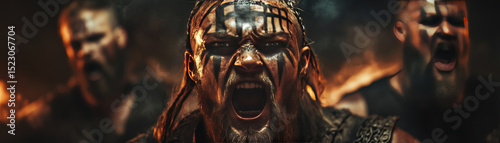 Fierce warriors with tribal face paint express intense emotions in dramatic setting, showcasing strength and power. fiery background enhances energy of scene