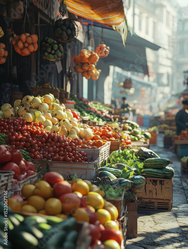 Vibrant local street market scene filled with colorful fruits and vegetables, showcasing fresh produce in wooden crates. atmosphere is lively and bustling, inviting shoppers to explore