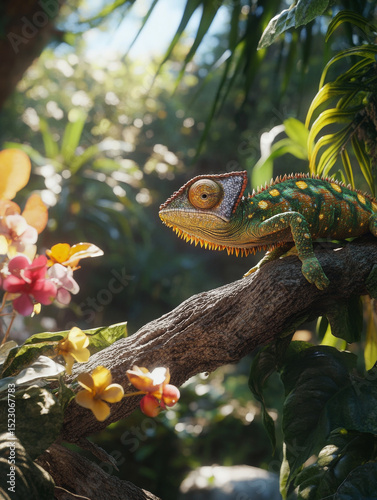 Vibrant chameleon rests on branch surrounded by colorful flowers in lush jungle setting, showcasing its unique colors and textures. sunlight filters through leaves, creating serene atmosphere