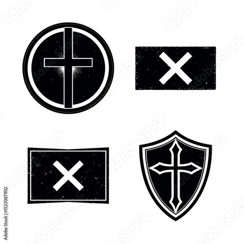 Black and White Religious Symbols Cross, Shield, and X Marks