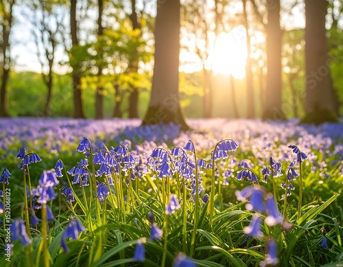 Sunlight on bluebells in a forest