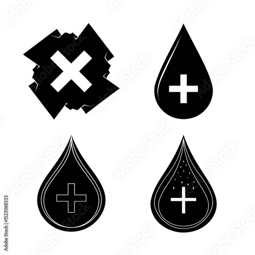 Medical Icons Blood Drop, Cross, Negative, Positive, Set of Four