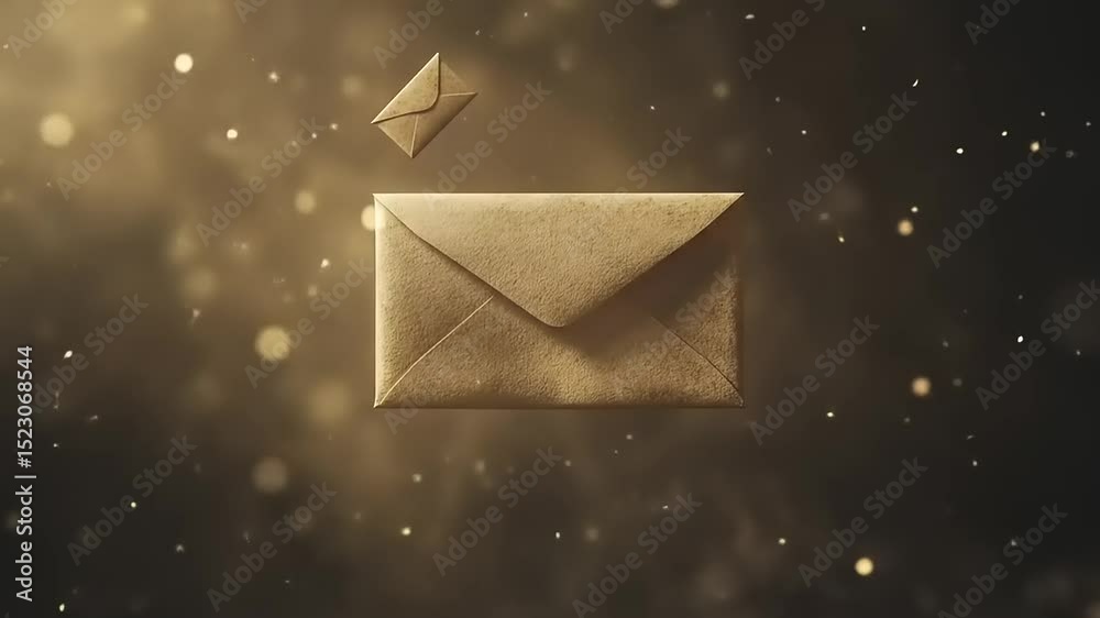 Golden envelopes floating in a dreamy background with soft bokeh lights, symbolizing communication