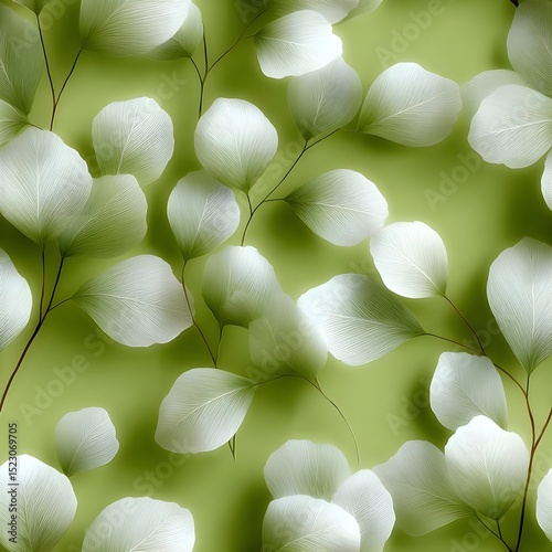 Elegant botanical pattern with soft green and white leaves