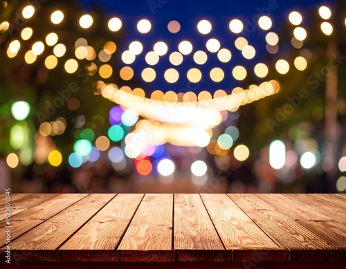 Wooden table top with blurred city lights