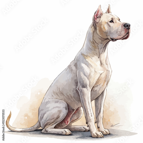  White Dogo Argentino dog with a confident look sitting upright against a muted beige watercolor background with copy space.