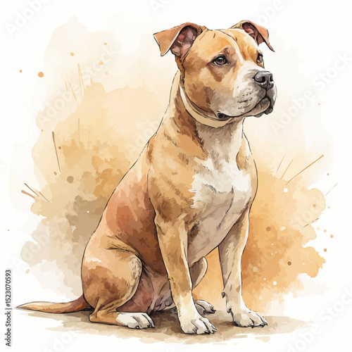  American Staffordshire Terrier dog with a calm and alert expression sitting against a light brown artistic watercolor background.
