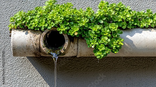 moss colonizing a high concrete wall under a dripping pipe system, with shadow patches, rivulet trails, and fine environmental detail in an urban maintenance zone