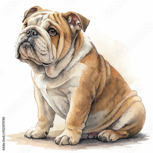  English Bulldog with a pensive expression sitting and looking forward against a plain white background with copy space.