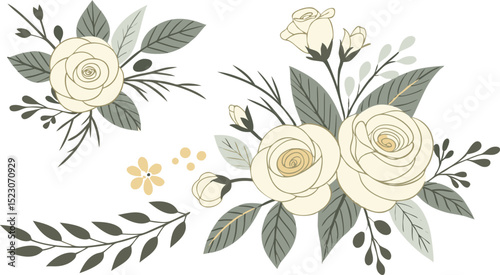 Set of floral branch. Flower pink rose, green leaves. Wedding concept with flowers. Floral poster, invite. Vector arrangements for greeting card.