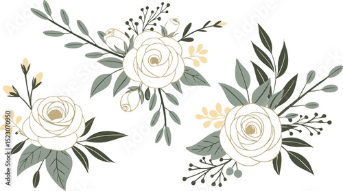 Set of floral branch. Flower pink rose, green leaves. Wedding concept with flowers. Floral poster, invite. Vector arrangements for greeting card.