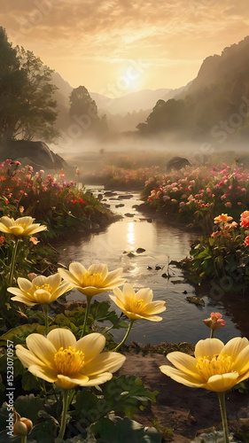 Mystical valley shrouded in golden mist, where giant flowers bloom and small fairies flutter among the petals