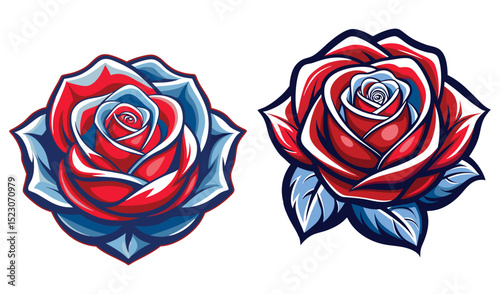Photo of two vibrant red and blue roses, isolated on white background, showcase a striking graphic design