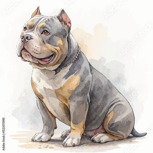  American Bully dog with a peaceful expression sitting and wearing a gold chain against a light gray watercolor background.