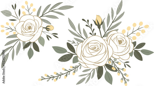 Set of floral branch. Flower pink rose, green leaves. Wedding concept with flowers. Floral poster, invite. Vector arrangements for greeting card.