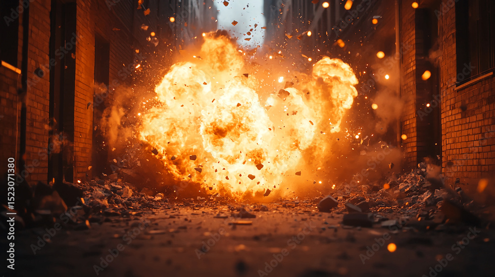 Fototapeta premium Explosion fire bomb blast destruction war danger cityscape building debris rubble urban scene effect danger