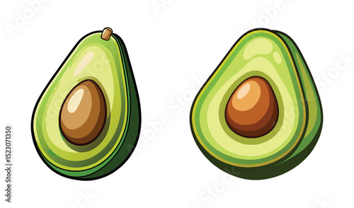 Photo of two halves of a ripe avocado, isolated on white background, showcasing vibrant green flesh and a brown pit