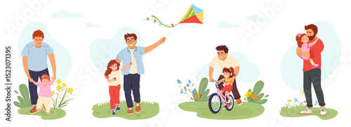 Father spending time with daughter outdoors. Cute cartoon scenes with dad walking, flying kite, teaching to ride a bike, hugging with child. Vector set characters for Father's Day card, banner, print