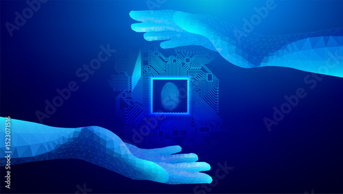 Biometric fingerprint scan protected by polygonal hands. Digital AI concept. Connect data for secure identity. Cyber circuit and chip graphics enhance futuristic tech security.