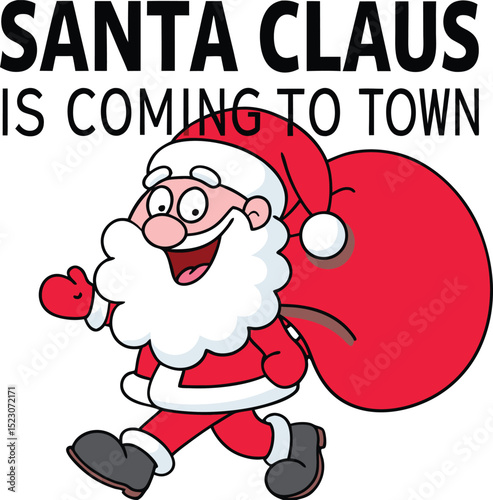 Cartoon Santa Claus running with a bag of presents Christmas illustration
