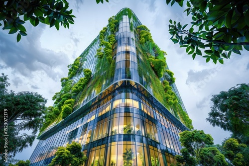 EcoFriendly Building with Sustainable Glass Office in a Green Environment