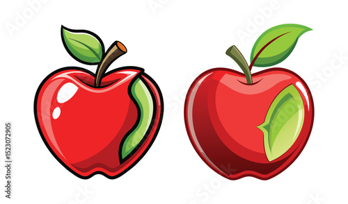 Photo of two glossy red apples, one with a bite taken, isolated on white background