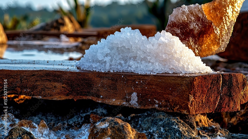 Fototapeta premium Salt harvesting process in nature closeup photo of salt crystals on wooden surface beautiful environment