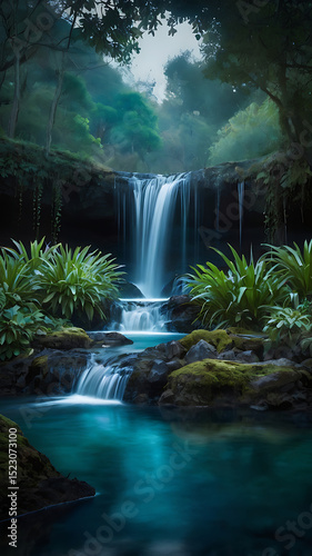 Hidden waterfall flowing into a luminous lake, surrounded by bioluminescent plants and ethereal wildlife


