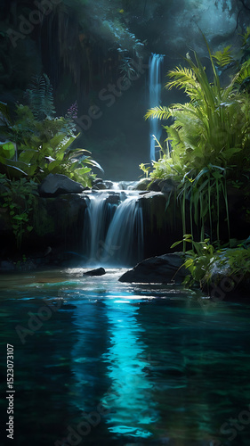 Hidden waterfall flowing into a luminous lake, surrounded by bioluminescent plants and ethereal wildlife


