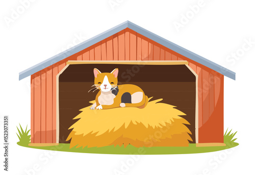 Orange Cat Napping On Hay In Barn