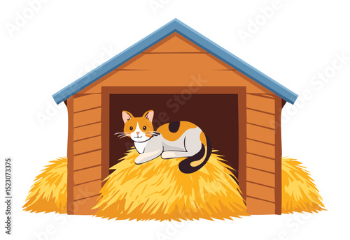 Calico Cat Enjoying Hay In Wooden Home