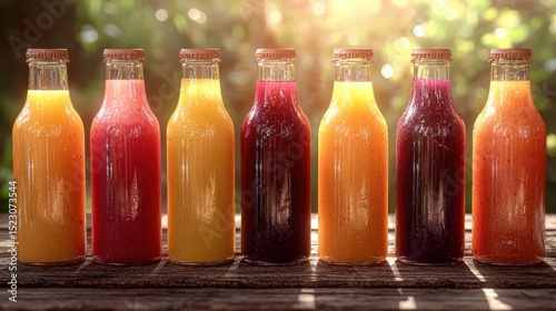 Row of Bottles with Fresh Fruit Juices